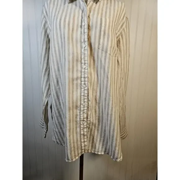 L.L Bean 100% Linen Striped Button Down Shirt Women's Size L Nautical Preppy - Picture 4 of 13